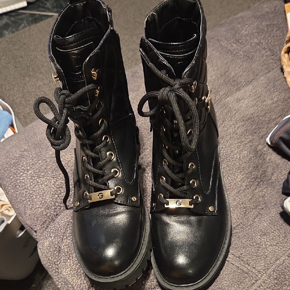 GBG Los Angeles Black Lace-Up Combat Boots with Gold Hardware